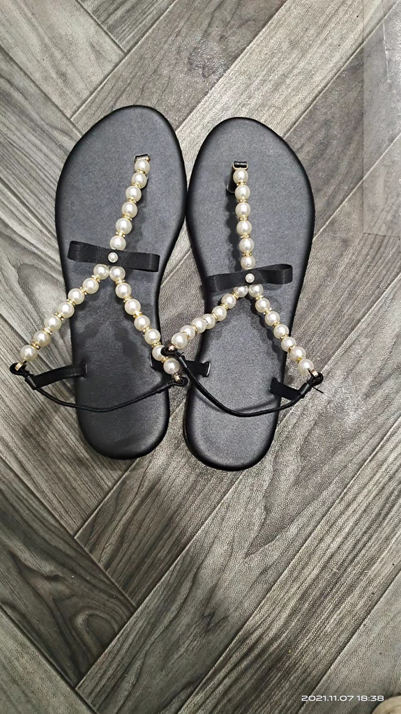 Plus Size Women Fashion Flat Thong Thong Bowknot Pearl Beaded Flat Sandals