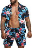 Men Fashion Leaf Print Short Sleeve Shirt And Shorts Two-Piece Set