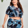 Plus Size Mesh Three-Piece Bikini Long-Sleeved Leaf Print Swimsuit