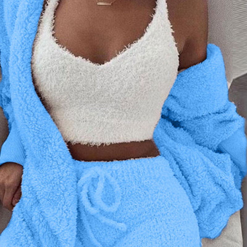 S-3XL 3 Pcs/Sets Solid Tank Top Long-Sleeve Coat And Shorts Plush Set