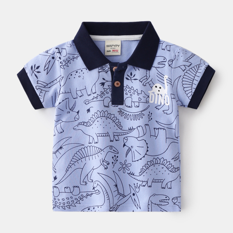 Kids Boys Cute Cartoon Dinosaur Pattern Lapel Short Sleeve T-Shirt