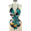 Women Deep V-Neck Leaf Print Backless Plus Size One-Piece Swimwear