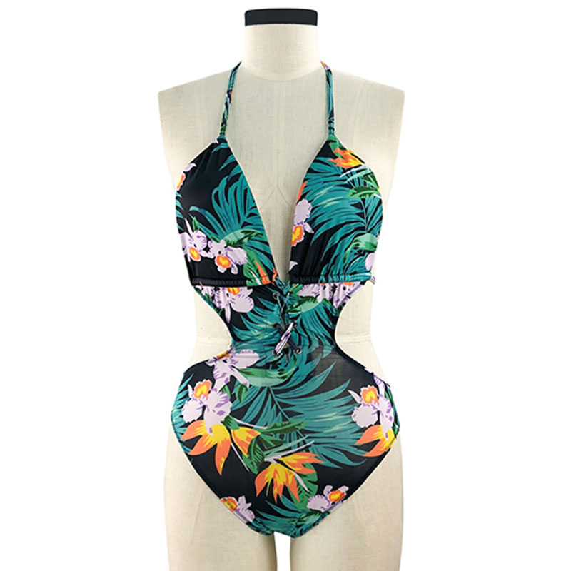 Women Deep V-Neck Leaf Print Backless Plus Size One-Piece Swimwear