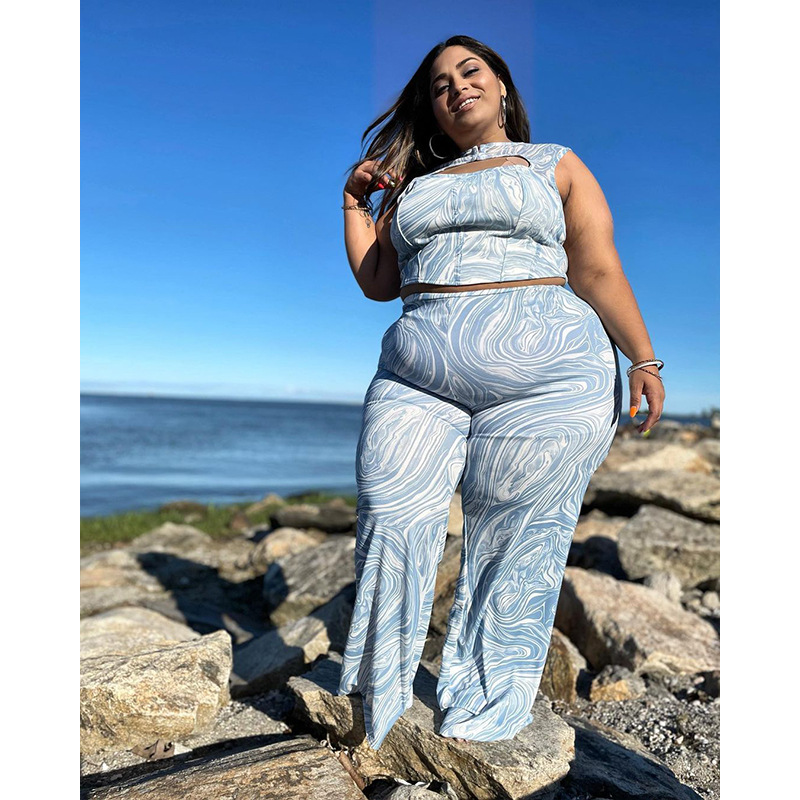 Fashion Plus Size Women Printed Hollow Sleeveless Top And Loose Wide Leg Pants Two-Piece Set