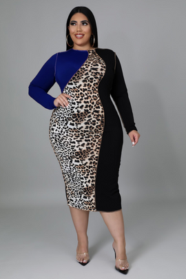 Plus Size Women'S Leopard Print Color Blocking Long Sleeve Midi Dress