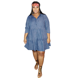 Women Plus Size Solid Color V Neck Single-Breasted Denim Dresses