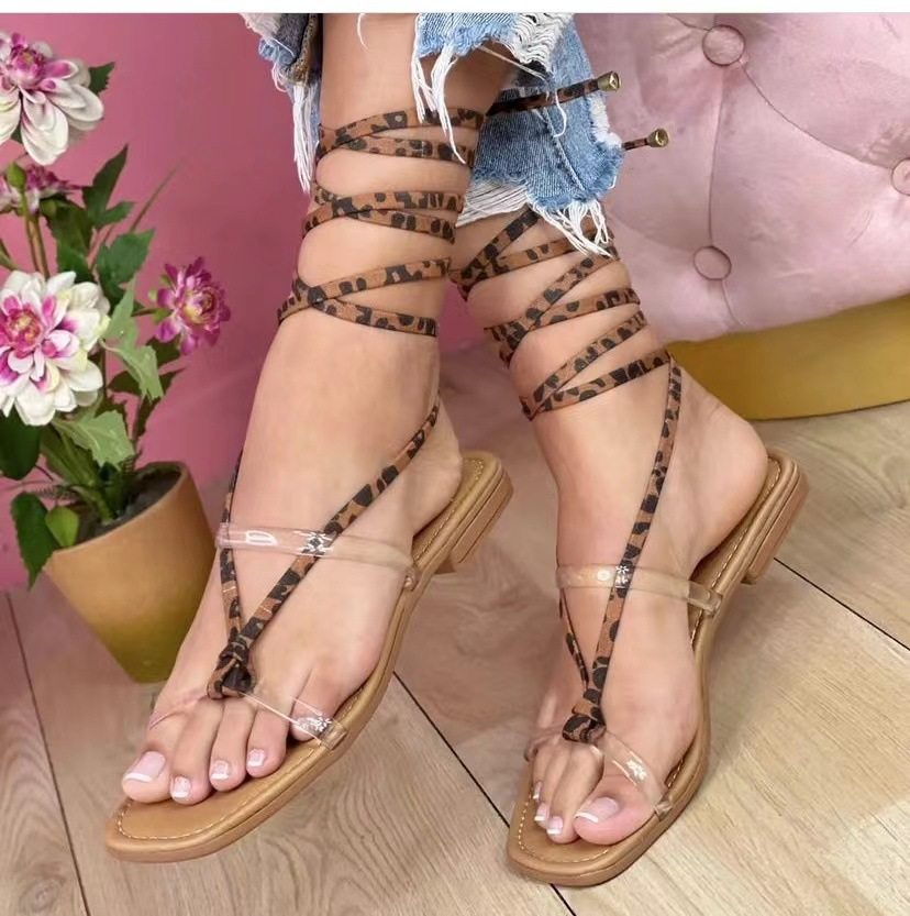 Plus Size Women Fashion Square Toe Low Heel Wrap Strap Flat Sandals