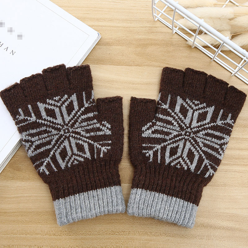 Men Winter Snowflake Pattern Warm Fingerless Knit Gloves