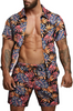 Men Fashion Leaf Print Short Sleeve Shirt And Shorts Two-Piece Set