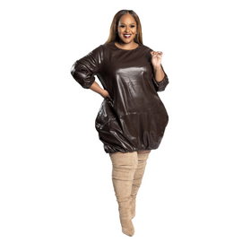 Fashion Large Size Women Solid Color Long-Sleeved Elegant Slim Pu Loose Dress