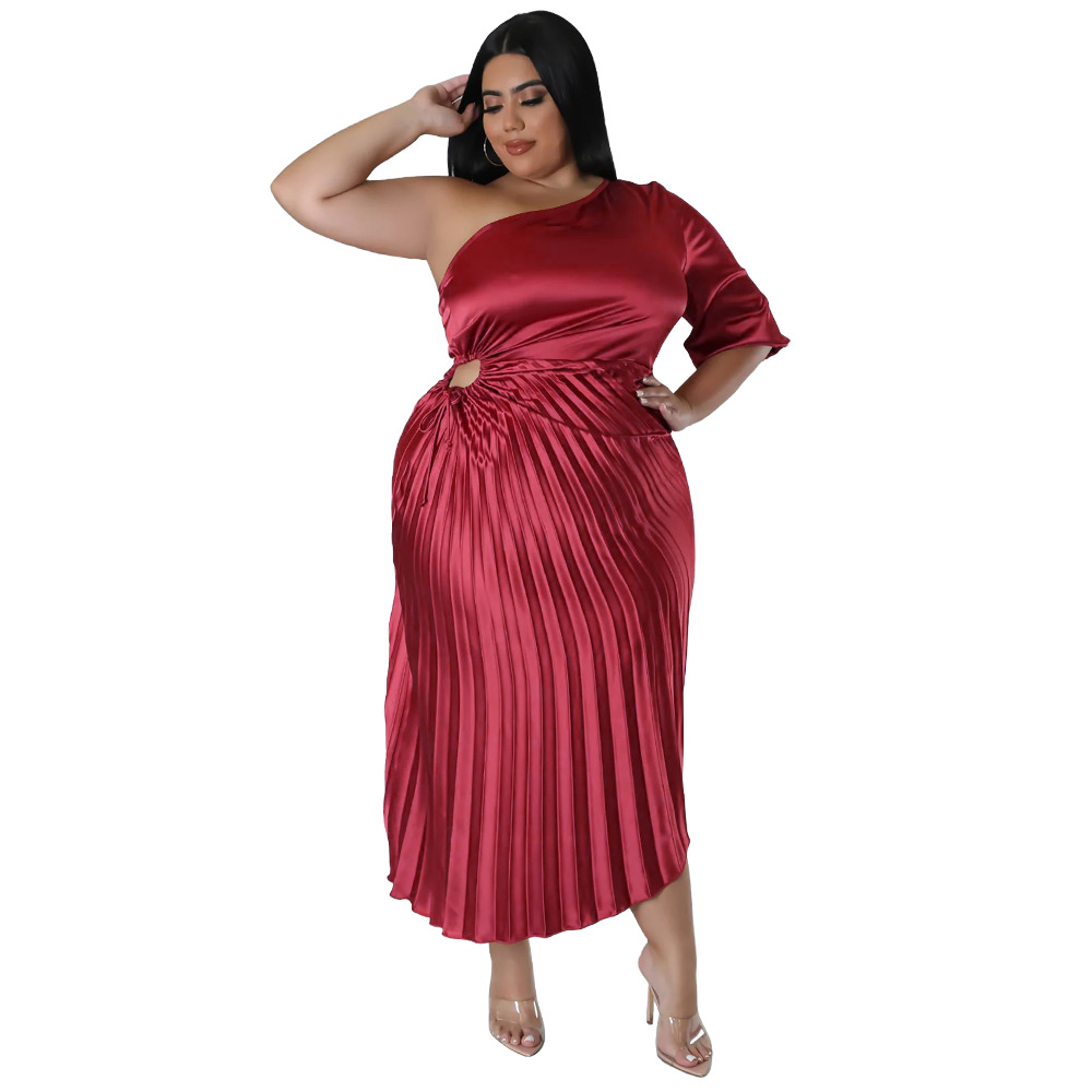 Women Fashion Oblique Shoulder Drawstring Pleated Dress