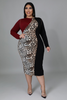 Plus Size Women'S Leopard Print Color Blocking Long Sleeve Midi Dress