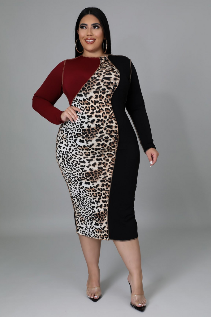 Plus Size Women'S Leopard Print Color Blocking Long Sleeve Midi Dress