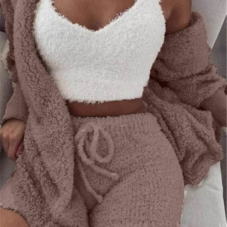 S-3XL 3 Pcs/Sets Solid Tank Top Long-Sleeve Coat And Shorts Plush Set