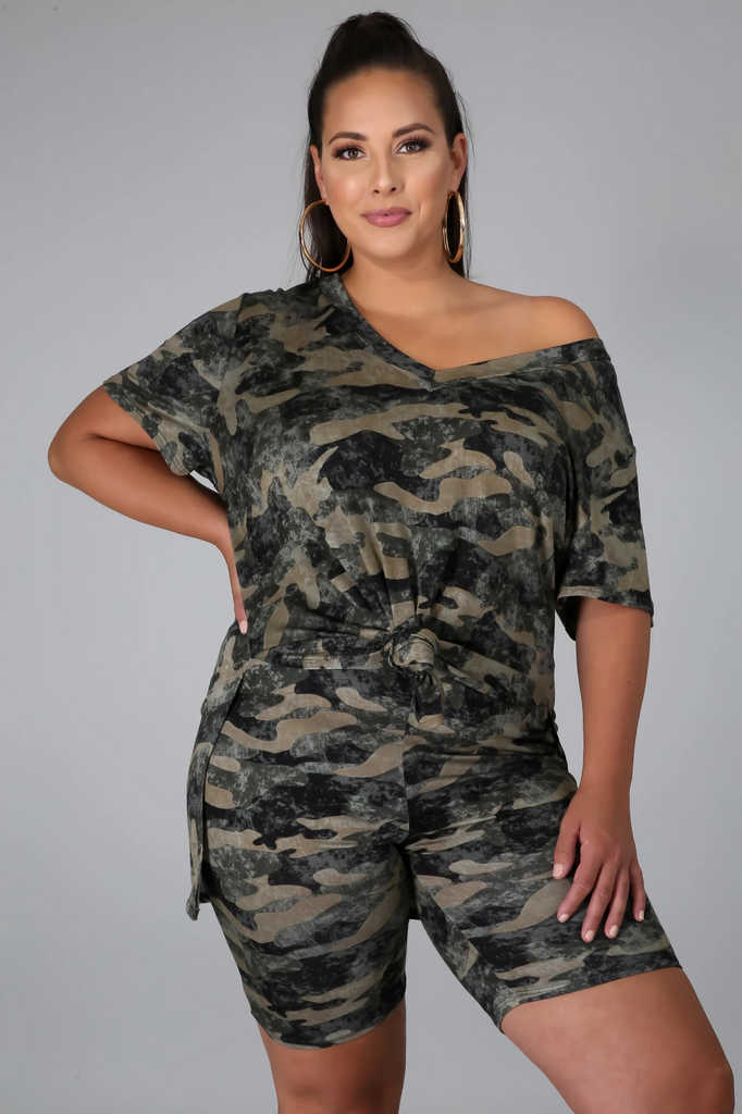 Women Plus Size Summer Printing Loose Casual Camouflage Shorts Two Piece Sets