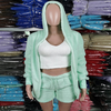 S-3XL 3 Pcs/Sets Solid Tank Top Long-Sleeve Coat And Shorts Plush Set