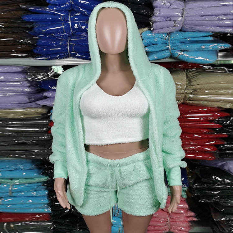 S-3XL 3 Pcs/Sets Solid Tank Top Long-Sleeve Coat And Shorts Plush Set