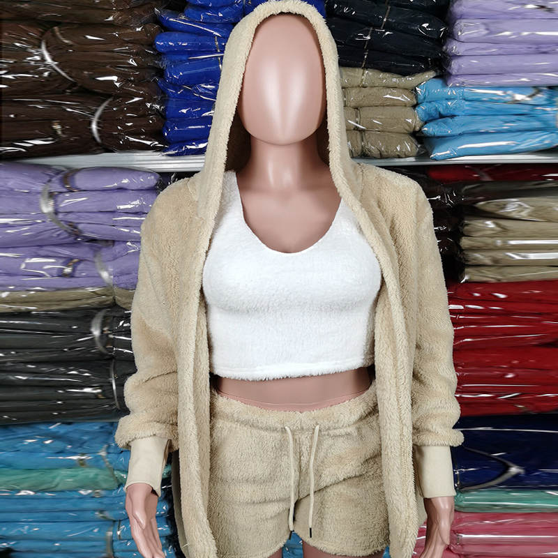 S-3XL 3 Pcs/Sets Solid Tank Top Long-Sleeve Coat And Shorts Plush Set
