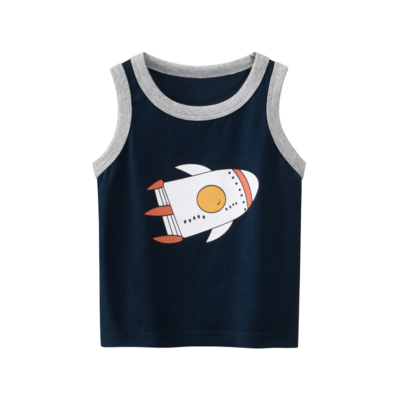 Kids Boys Basic Cute Cartoon Car Rocket Pattern Round Neck Sleeveless Casual Vest