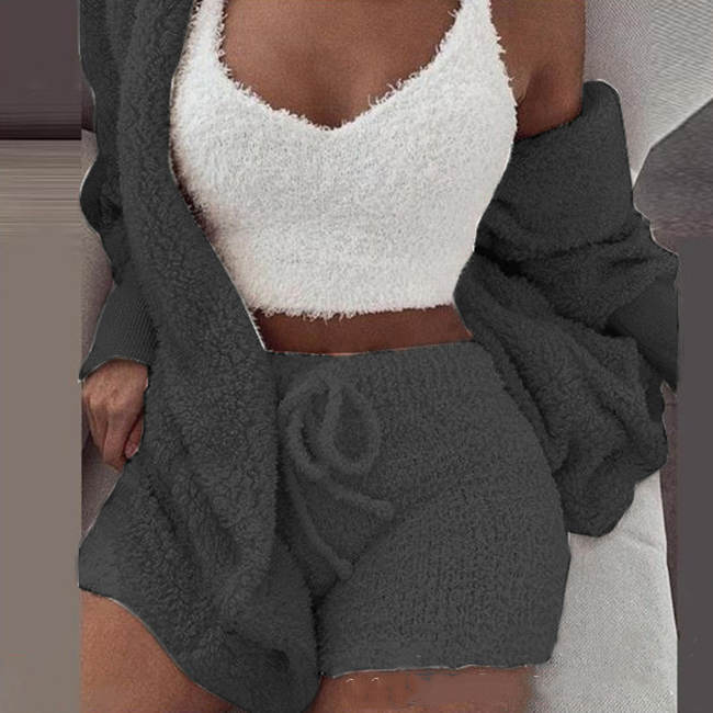 S-3XL 3 Pcs/Sets Solid Tank Top Long-Sleeve Coat And Shorts Plush Set