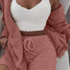S-3XL 3 Pcs/Sets Solid Tank Top Long-Sleeve Coat And Shorts Plush Set