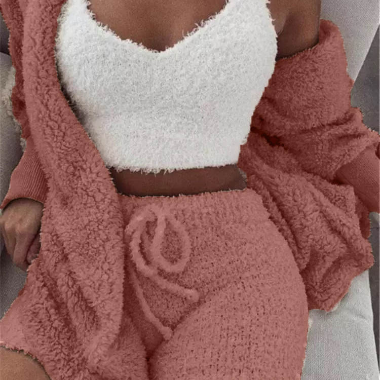 S-3XL 3 Pcs/Sets Solid Tank Top Long-Sleeve Coat And Shorts Plush Set