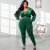 Plus Size Women Solid Color Hooded Long Sleeve Zipper Top And High Waist Pants Two-Piece Set