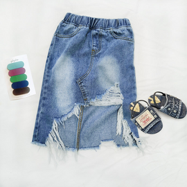 Kids Girls Personalized Irregular Tear Design Elastic Denim Skirt