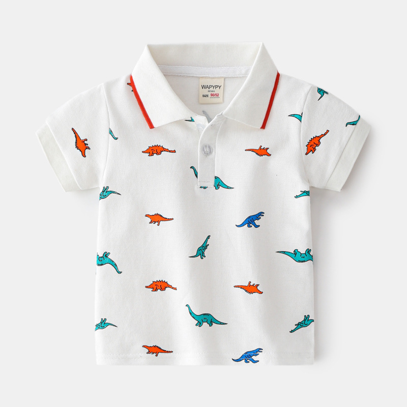 Kids Boys Cute Cartoon Dinosaur Coconut Tree Car All Over Print Lapel Short Sleeve T-Shirt