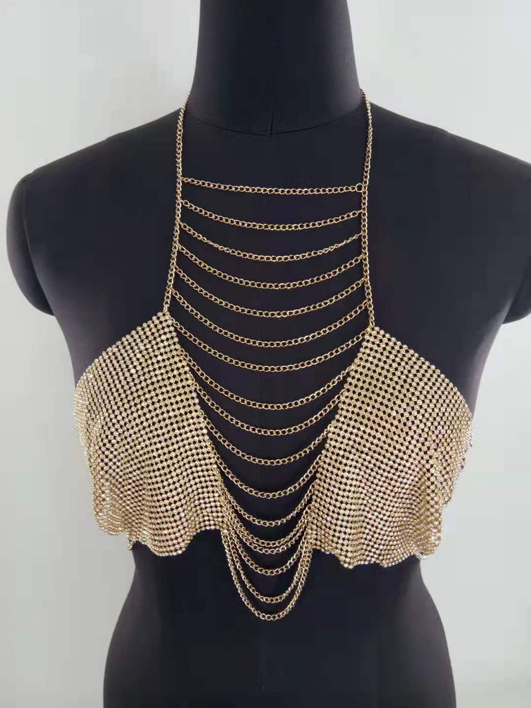 Women Simple Rhinestone Inlaid Cloth Tassel Chain Linked Halter Top Body Chain