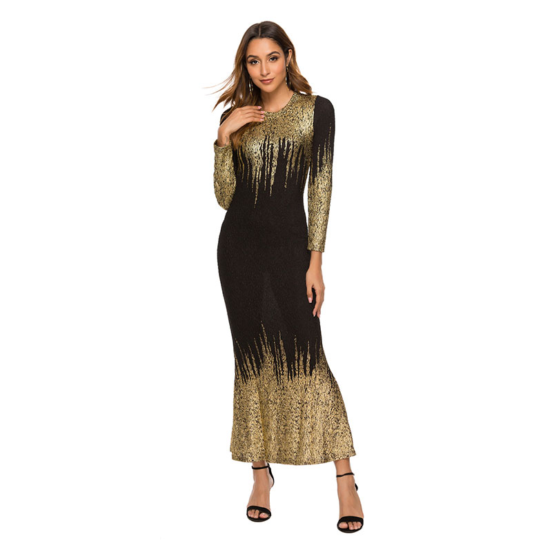 Fashion Sequins Round Collar Long-Sleeve Slim Maxi Dress