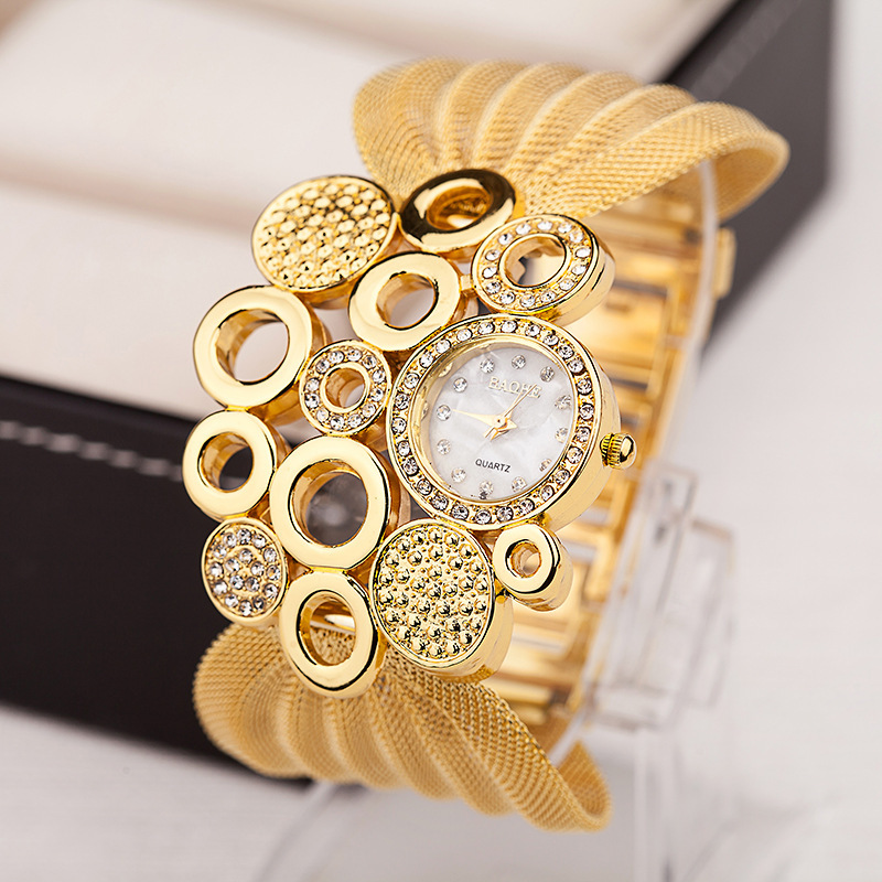 Women Fashion Diamond Matching Metal Circle Mesh Strap Watch