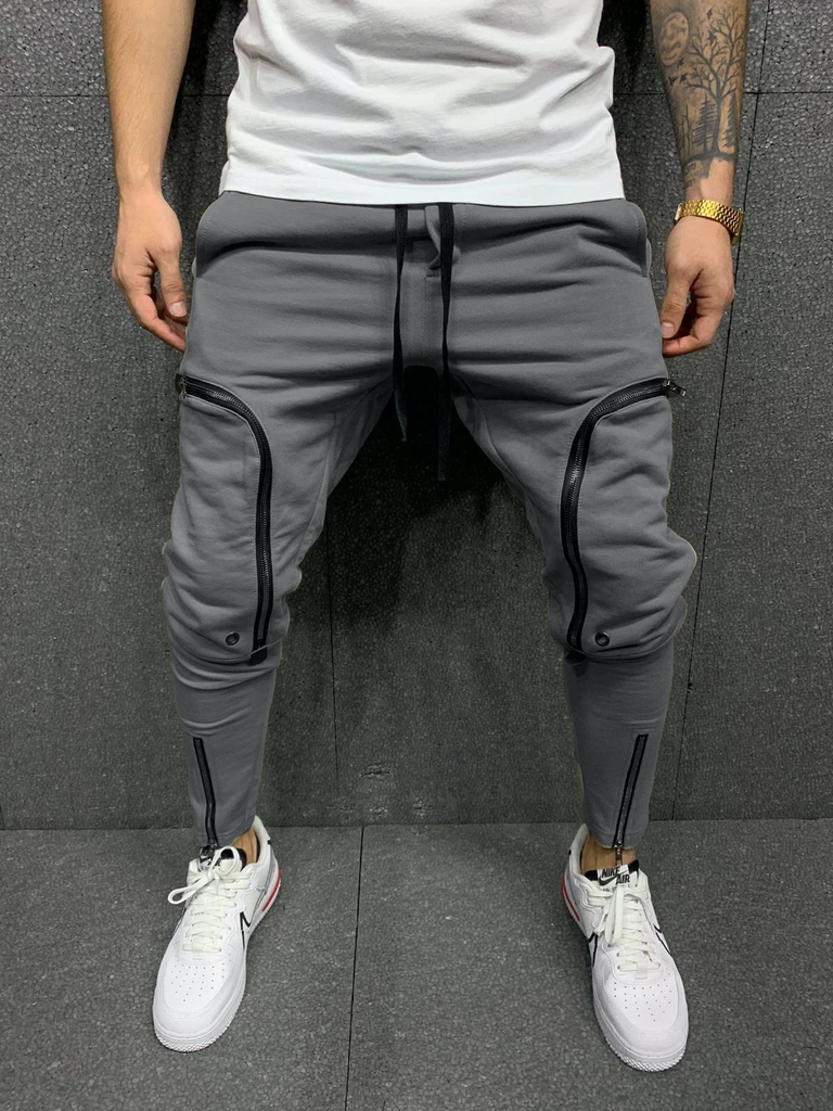 Men Fashion Zipper Patch Pockets Slim Fit Pants
