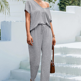 Summer Solid Color Casual V-Neck Short-Sleeved Sports Top And Pants 2pcs/Sets