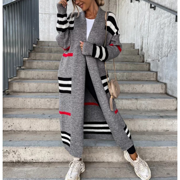 Autumn Winter Long Cardigan Striped Women Knitted Sweater Coat