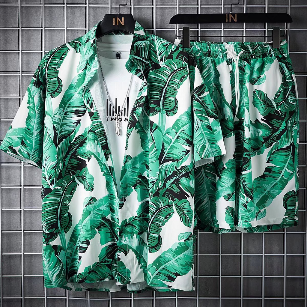 Men Fashion Retro Loose Printed Short Sleeve Shirt And Shorts Two-Piece Set