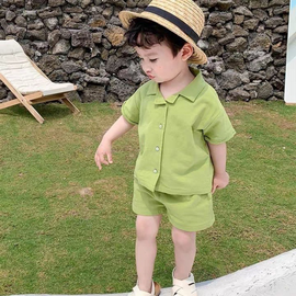 Children Kids Baby Fashion Boys Solid Color Lapel Shirt And Shorts 2pcs Set