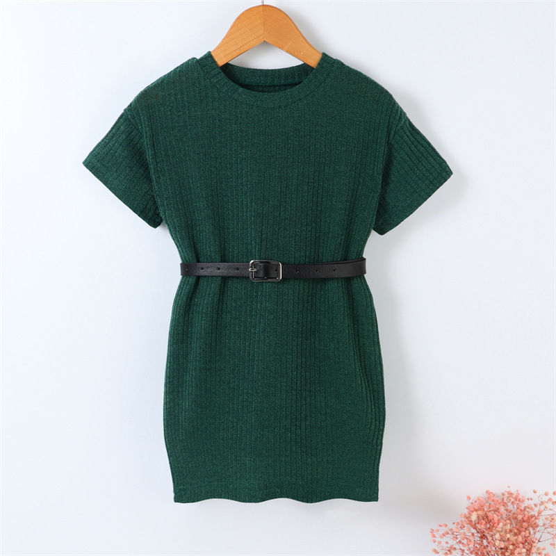Children Kids Baby Fashion Girls Casual Short Sleeve Solid Color Round Neck Dress