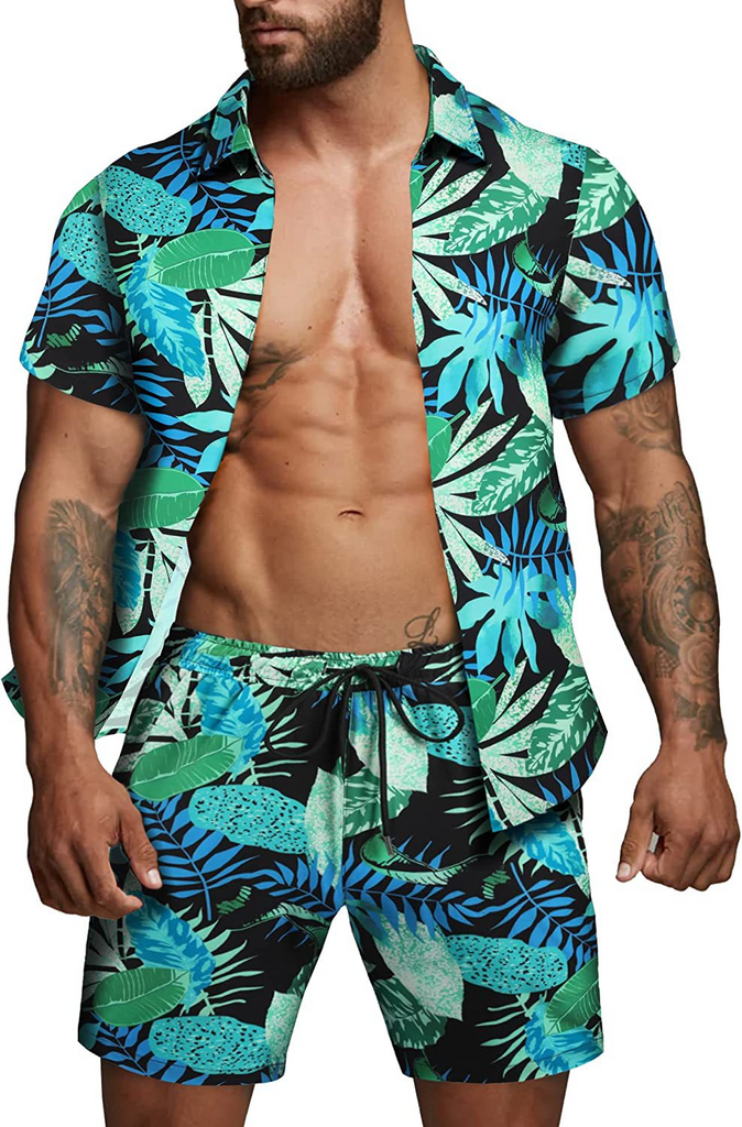 Men Fashion Leaf Print Short Sleeve Shirt And Shorts Two-Piece Set