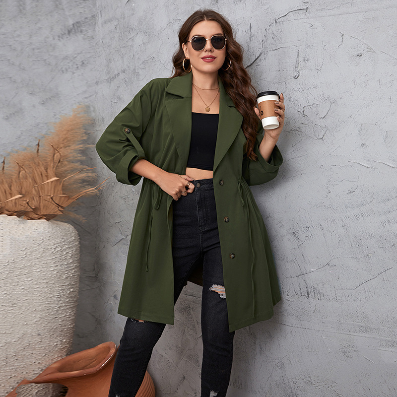 Women Fashion Casual Solid Color Mid-Length Lapel Trench Coat