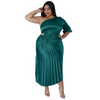 Women Fashion Oblique Shoulder Drawstring Pleated Dress