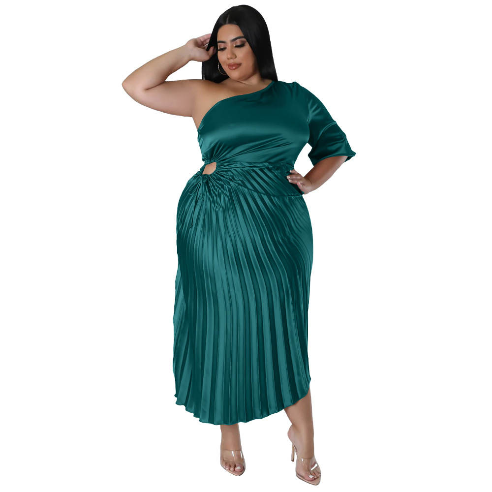 Women Fashion Oblique Shoulder Drawstring Pleated Dress
