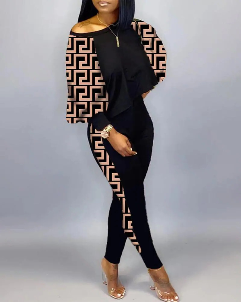 Women Fashion Casual Graphic Print Loose Top And Skinny Pants Set