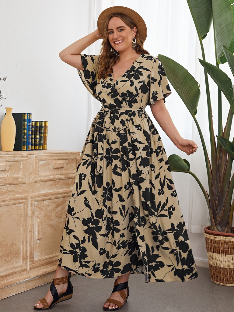 Women Plus Size Casual Floral Print V Neck Short Sleeve Loose Maxi Dress