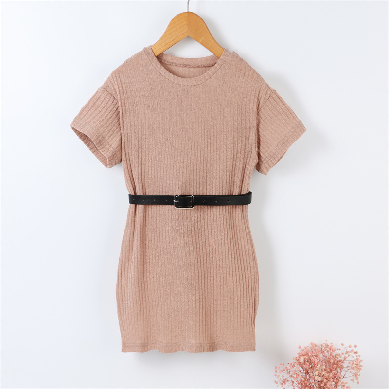 Children Kids Baby Fashion Girls Casual Short Sleeve Solid Color Round Neck Dress