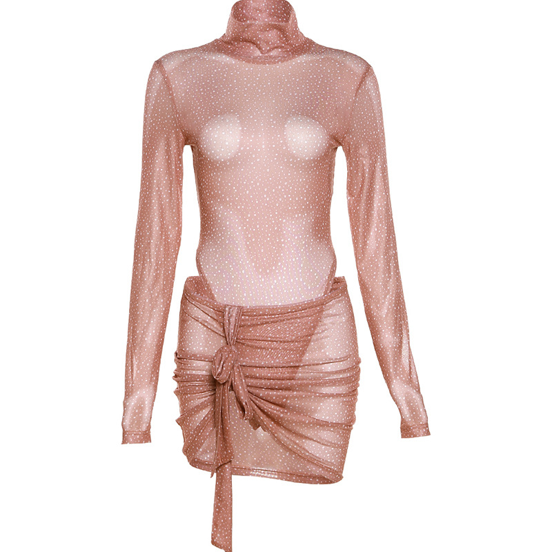 Women Fashion Long-Sleeved Sexy See-Through Bodysuit Slim Skirt Suits