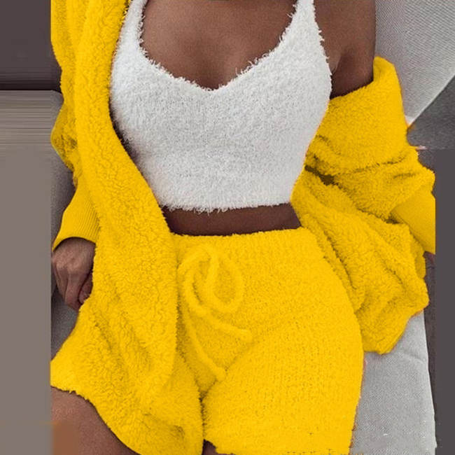 S-3XL 3 Pcs/Sets Solid Tank Top Long-Sleeve Coat And Shorts Plush Set