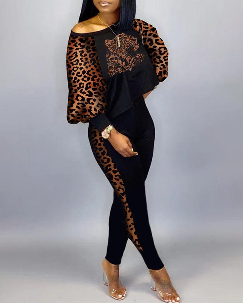Women Fashion Casual Graphic Print Loose Top And Skinny Pants Set