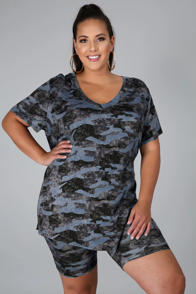 Women Plus Size Summer Printing Loose Casual Camouflage Shorts Two Piece Sets