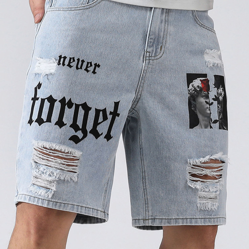 Men Fashion Print Ripped Denim Shorts